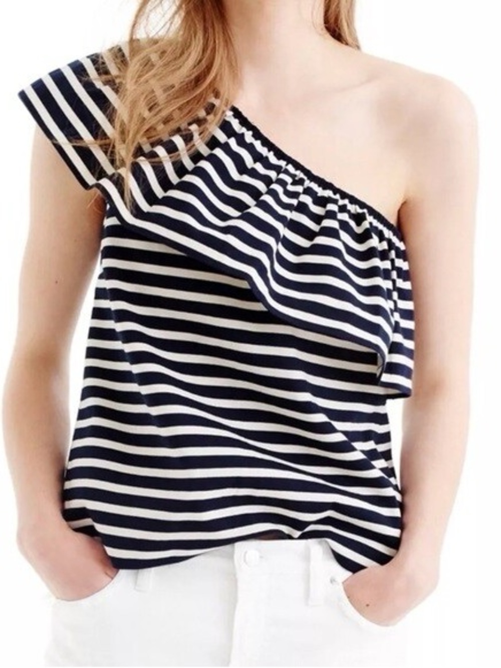 J Crew Striped One-Shoulder Ruffle Top - Navy/White Preppy Coastal